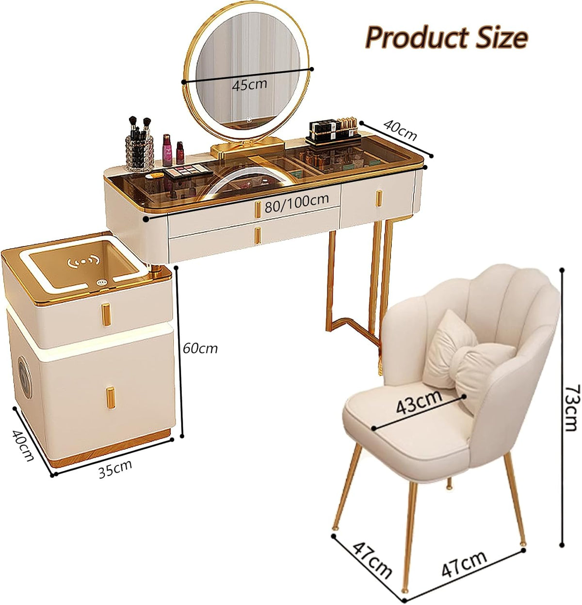 Generisch Ensemble de coiffeuse avec lumières LED, table de maquillage avec 5 tiroirs, station de charge sans fil et haut-parleur Bluetooth, chaise pour chambre à coucher filles femmes Blanc-noir