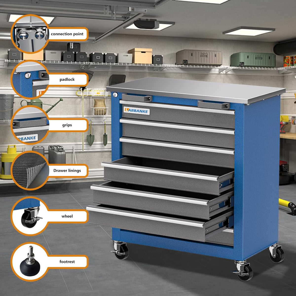 LARBANKE Commode à outils combinée à 12 tiroirs avec plan de travail en acier inoxydable, système de verrouillage, meuble de rangement à outils avec roulettes et pieds rembourrés