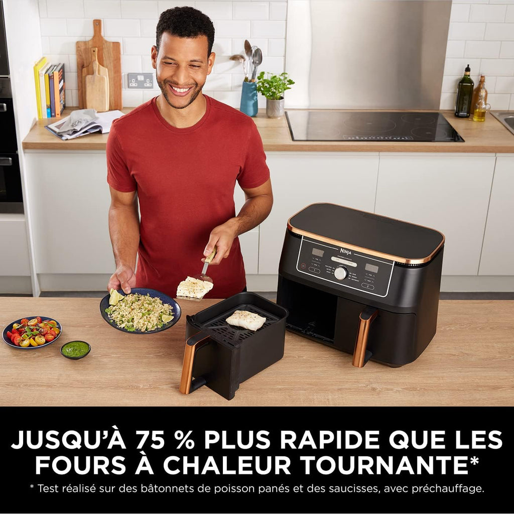 NINJA Foodi MAX Dual Zone Air Fryer, 2 Tiroirs, 9,5L, 6-en-1, Sans Huile, Air Fry, Max Crisp, Rôtir, Cuire, Paniers Antiadhésifs Lavables Au Lave-Vaisselle, Cuivre/Noir AF400EUCP