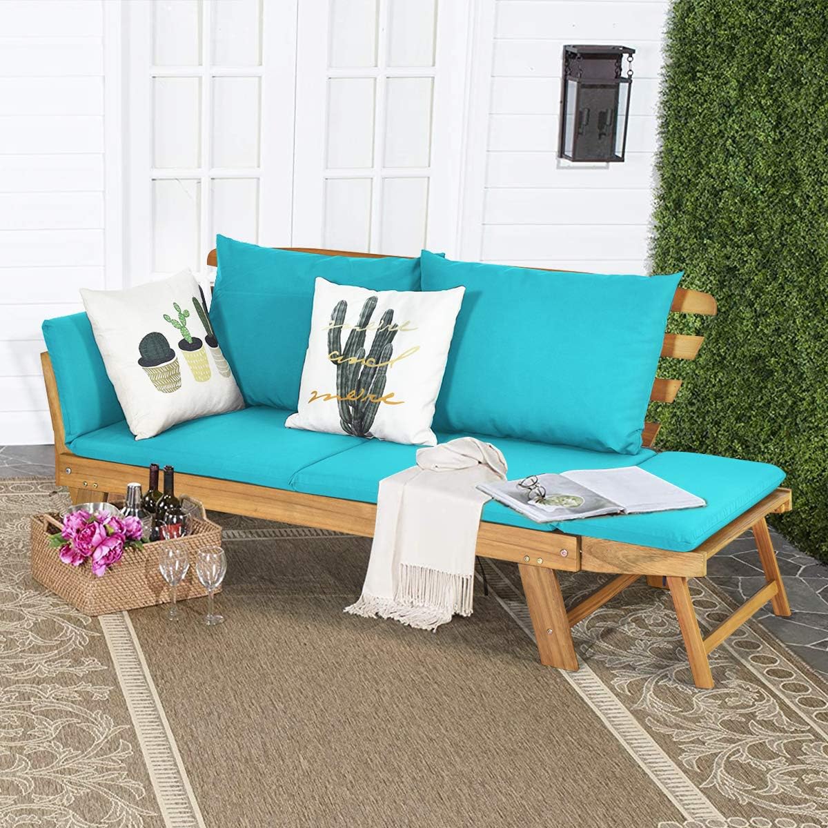 GIANTEX Daybed Canapé-lit pliable pour extérieur 2 personnes avec coussins et oreillers, cadre en bois pour porche avant et patio arrière Bleu turquoise