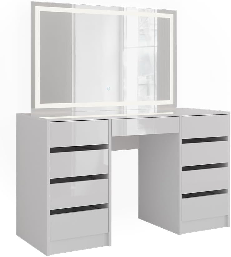 Vicco Coiffeuse Sherry, Blanc/Blanc Brillant, 128.2cm avec Miroir LED