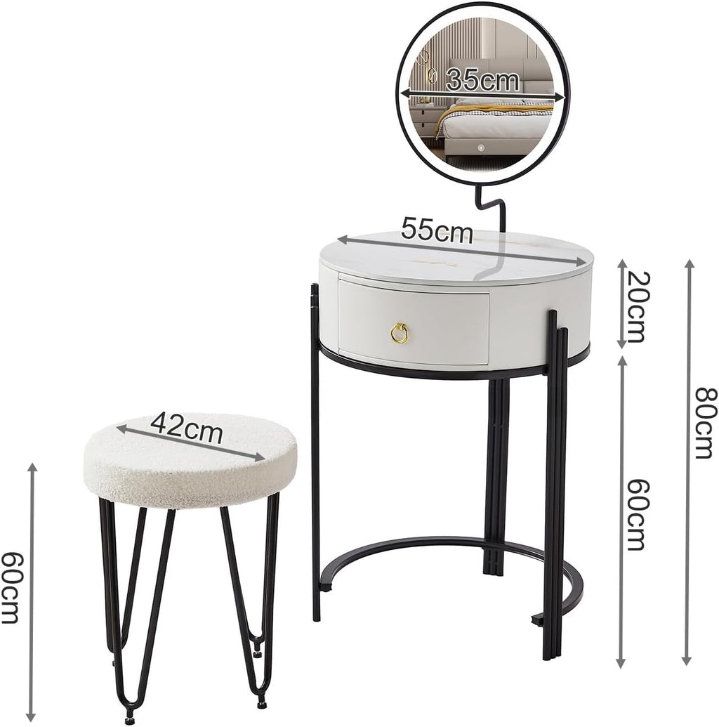 Coiffeuse avec Miroir LED, Pierre Sinterisée et Simili Cuir, Coiffeuse avec Tiroirs et Tabouret, pour Chambre, Design Moderne, Blanc