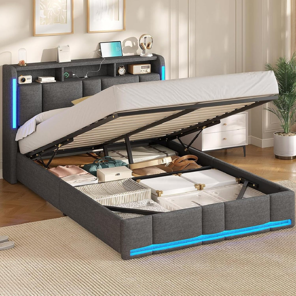 AOGLLATI Lit Coffre 140x190 CM, Lit Double avec LED et Ports USB, Cadre de lit avec Tête de Lit capitonné et Rangement, Lattes en Bois, Lin Gris Foncé sans Matelas