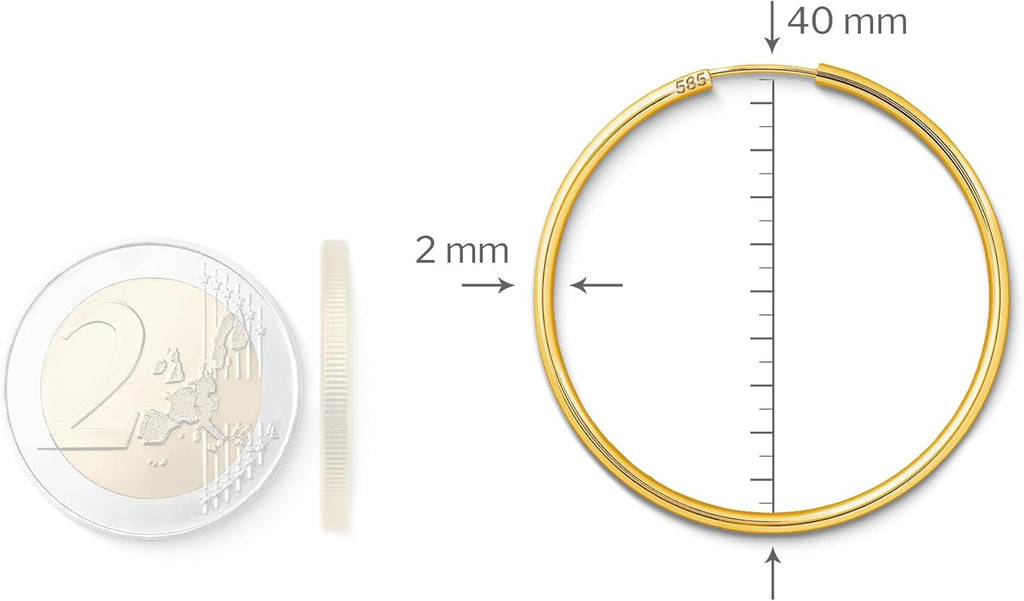 Boucles D'Oreilles Rondes Classiques Or Jaune 585 750 333 Moyennes Créoles pour Femme - Diamètre 40 mm, Largeur 2 mm