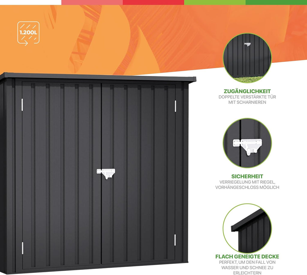 Wasabi - Abri de Jardin Métal 1100 L Stark - 147x86x134cm- Double Porte à charnières - Verrouillage du loquet – Gris Anthracite - Armoire de Rangement extérieur
