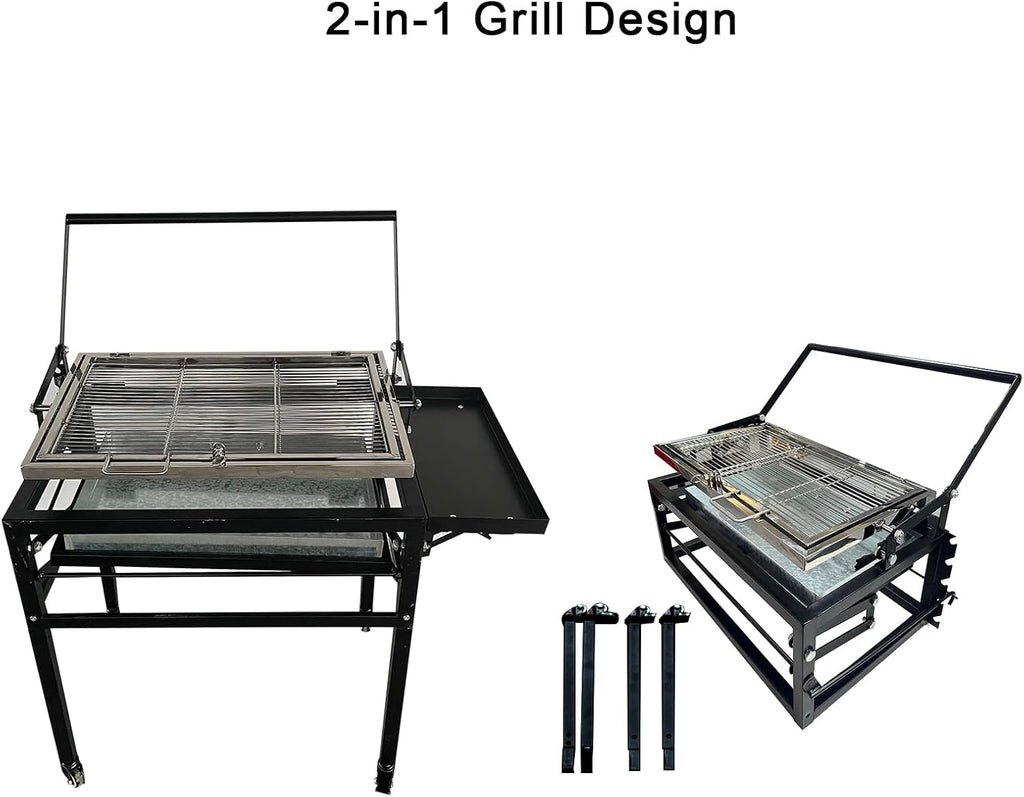 Barbecue au charbon de bois robuste, carré et amovible pour l'extérieur, grille de cuisson rotative 360° et debout avec roues pour camping