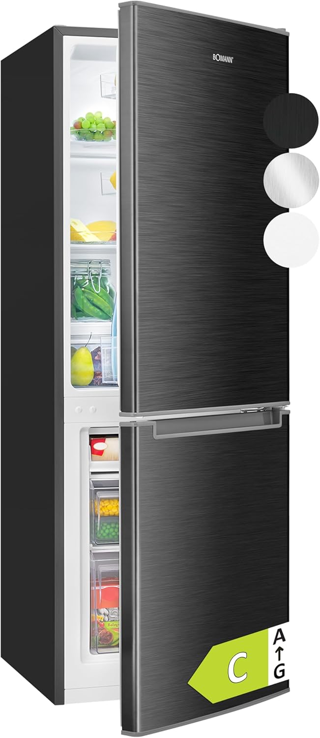 Bomann, Réfrigérateur et Congélateur 173L KG7359-Noir, 121L Réfrigérateur, 52L Congélateur 4 Étoiles, Contrôle Température, Éclairage LED, Design Réversible, Idéal pour Cuisine Moderne