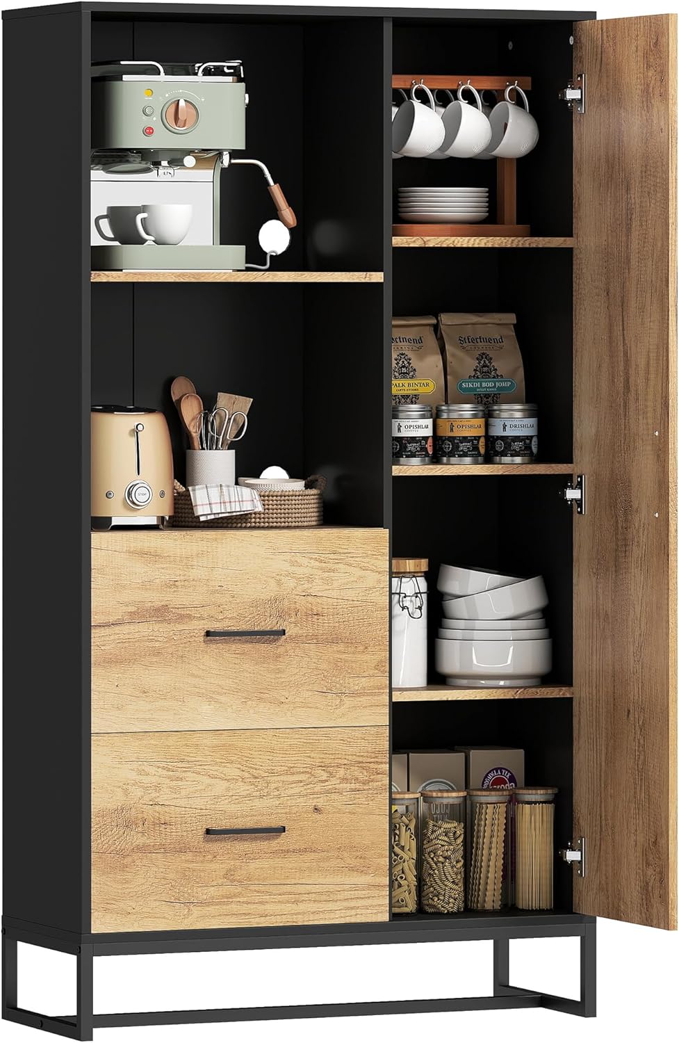 HOMCOM Buffet haut cuisine, armoire de cuisine, vaisselier, 2 tiroirs, placard à porte, 2 niches ouvertes, étagères réglables, meuble de rangement moderne, pieds en acier, 88x35x160cm, noir et naturel