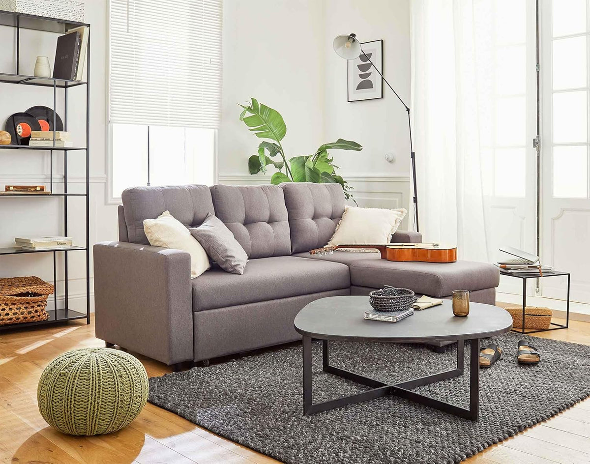 BestMobilier - Canapé d'angle Convertible avec Coffre Réversible Tulipe en Tissu - Canapé Lit - Sofa Gris 4 Places - Angle Droit - ou Gauche - Salon