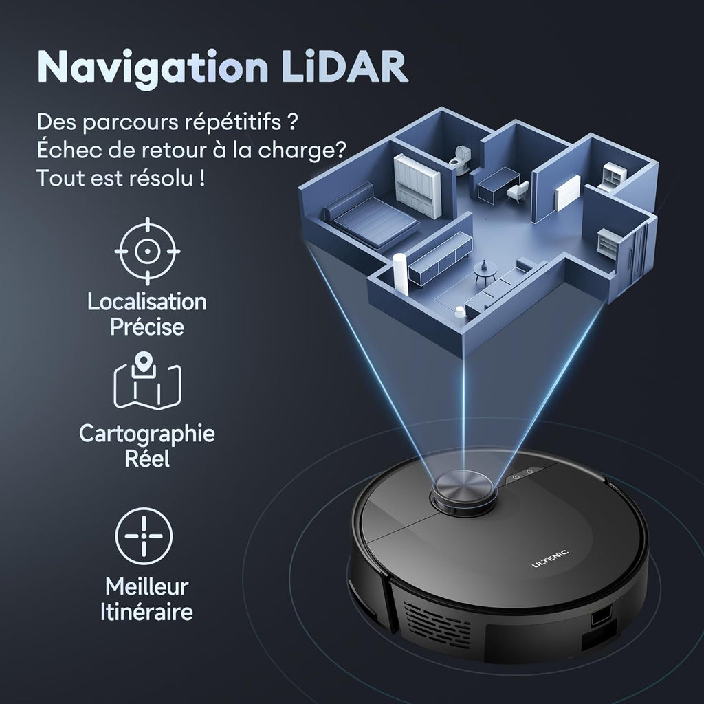 Ultenic T20 Pro Aspirateur Robot, Robot Aspirateur Laveur, Robot Silencieux Connecté avec WiFi/Bluetooth/Alexa/App, 6 Modes de Nettoyage, Auto-Charge, 8000 Pa, Idéal pour Poils d'animaux