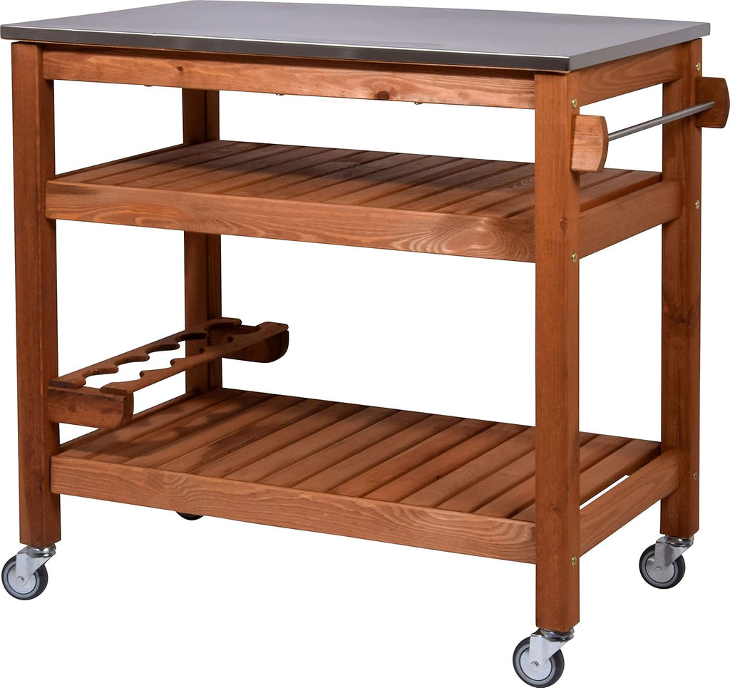 dobar 35540FSCe Desserte à roulettes d'extérieur avec Plateau en Acier Inoxydable 94 x 58 x 90 cm Pin Marron