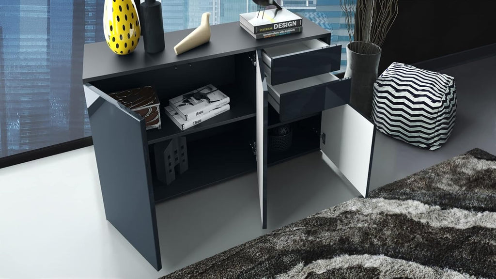 Vladon Buffet Ben V3, Commode avec 3 Portes et 2 tiroirs, Noir Mat/Noir Mat (117 x 74 x 36 cm)