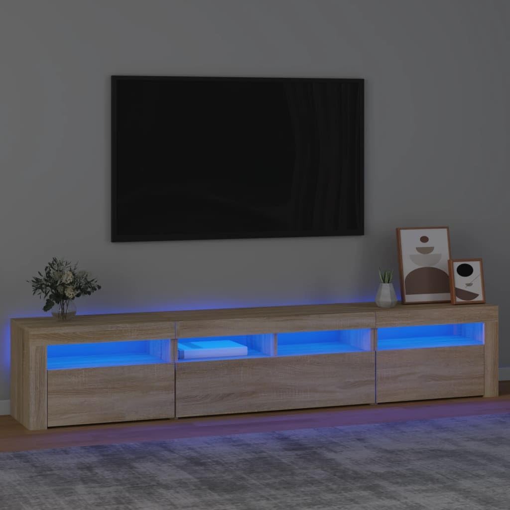 Mandloder Meuble TV avec lumières LED, chêne Sonoma, 220 cm de large, meuble multimédia pour salon, centre de divertissement avec espace de rangement