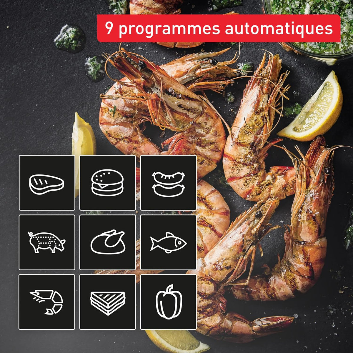 Tefal Optigrill 4 en 1, Grill intelligent, fonctions bbq, Four et repas complet, 9 programmes, Mode manuel, Ouverture 180°, 4 personnes, GC776D10