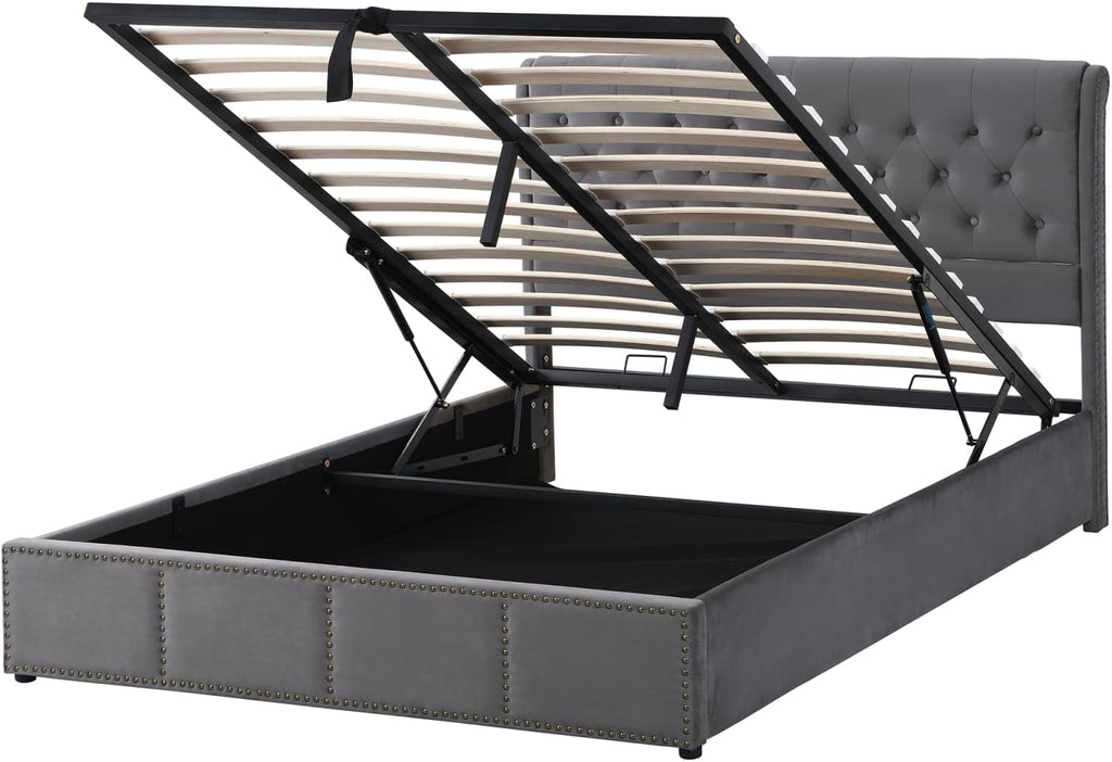 HYNHXBP Lit Double Rembourré 160x200cm, Lit Coffre avec sommier, Tête de lit en Forme d'oreiller et Espace de Rangement hydraulique, Velours Gris-B, 160 x 200 cm