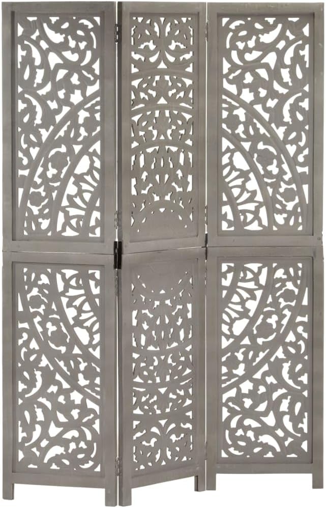 Paravent intérieur 3 Panneaux Pliables, Séparateur de pièce, Ecran d'Intimité Paravent Chambre à Coucher Maison Balcon, Gris 120x165 cm Bois manguier