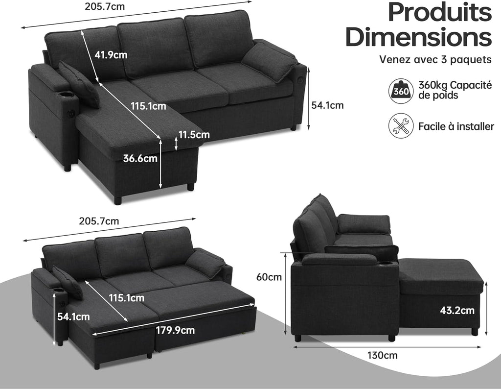 DURASPACE Canapé d'angle Convertible, Canapé Lit 3 Places en L avec Chaise Réversible, Canapé avec Rangement, Port USB et Porte-gobelet