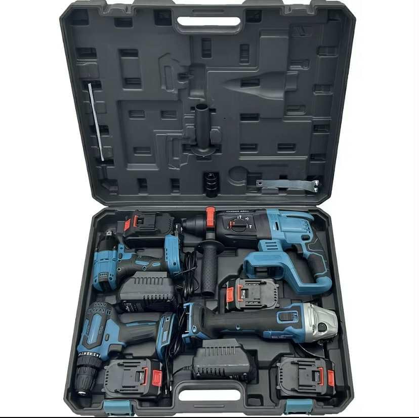 Générique Kit d'Outils Électriques Bricoland, 4 Pièces, Perceuse, Meuleuse, Clé à Choc, Perforateur, avec 4 Batteries Lithium et Chargeur Rapide