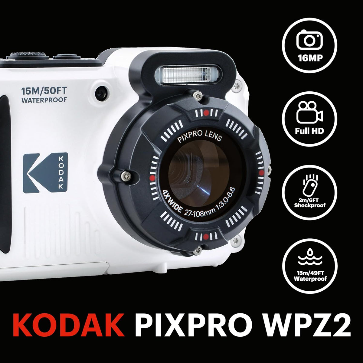 KODAK Pixpro WPZ2 - Appareil Photo Numérique Compact 16M Pixels, étanche à 15m, Anti-Choc, Video 720p, Ecran LCD 2,7 - Batterie Li-ion, Blanc
