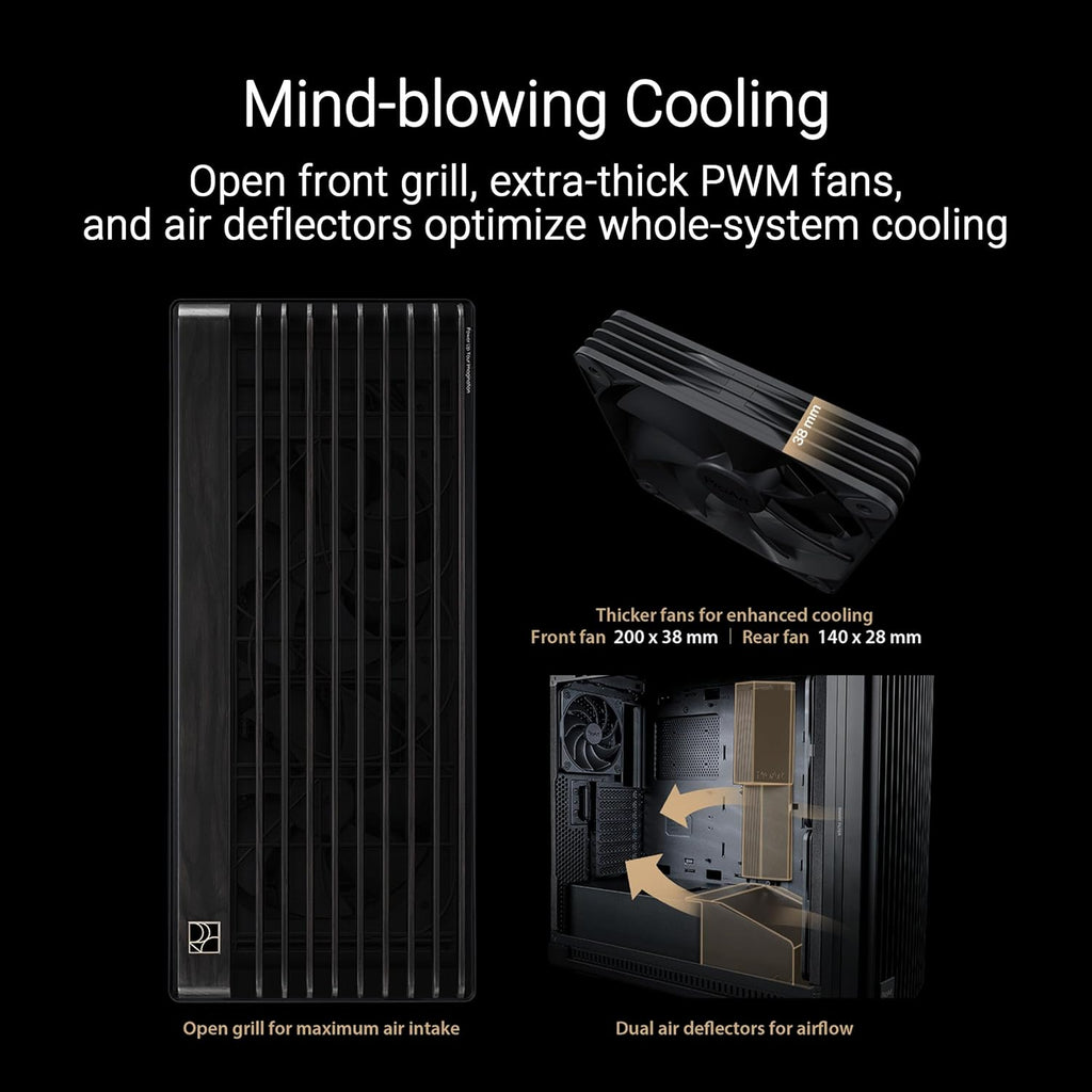 ProArt PA602 Wood Edition Paneau en Verre trempé – Boîtier PC E-ATX (Support de radiateur de 420 mm, Un Ventilateur système préinstallé de 140 mm + 2 x 200 mm, Montage sans Outil, USB 20 Gbit/s)