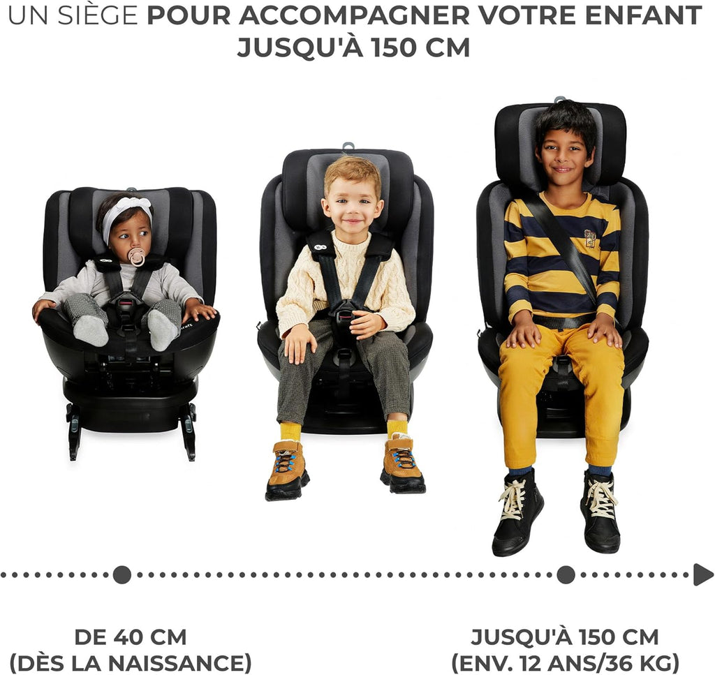 Kinderkraft XPEDITION I-Size 40-150 cm, Siège auto bébé 0 à 36 kg évolutif, Groupe 0/1/2/3, Isofix 360° pivotant, Têtière et largeur d'assise ajustable d'une seule main, Protections latérales, Noir