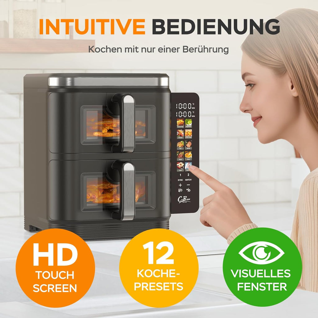COBNN Friteuse à air verticale double compartiment, 11L Dual Zone Airfryer avec écran couleur pliable, 10 programmes, fenêtre de visualisation, matériau ignifuge V0, 2800W