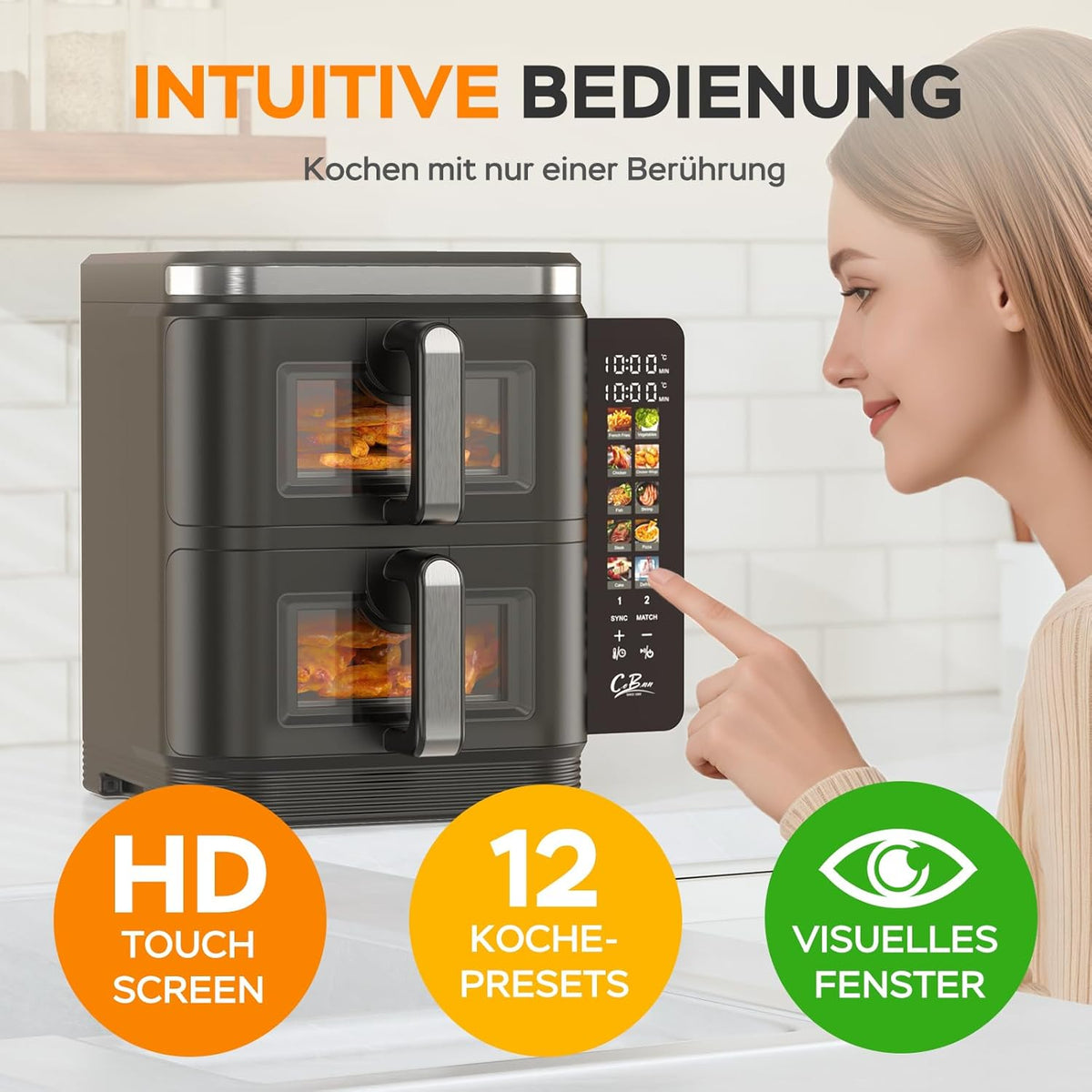 COBNN Friteuse à air verticale double compartiment, 11L Dual Zone Airfryer avec écran couleur pliable, 10 programmes, fenêtre de visualisation, matériau ignifuge V0, 2800W