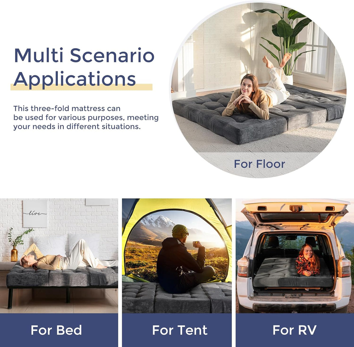 MAXYOYO Matelas Pliable 2 Places, Épaisseur 15cm Matelas Pliant pour Futon Convertible Canapé-lit Portable, Invités Lit d'Appoint, 135x190