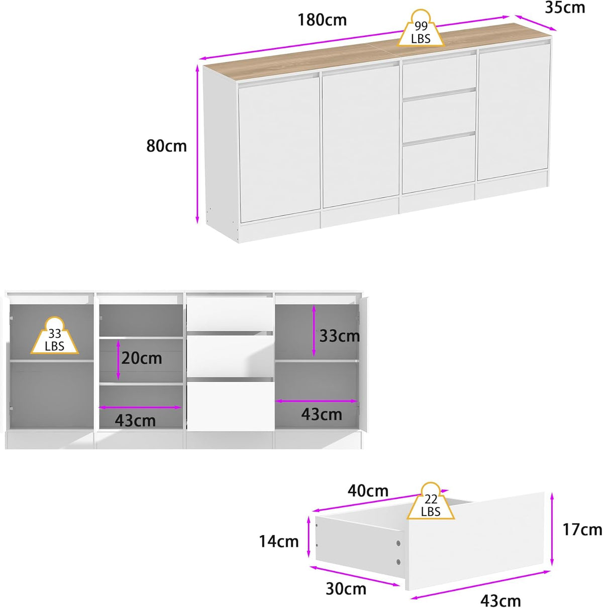 DEZAGCE Meuble de rangement à 3 portes et 3 tiroirs, buffet, buffet avec étagères, commode, armoire de stockage multifonctionnelle, pour salon, cuisine, couloir, 80 x 180 x 35 cm, MDF, blanc
