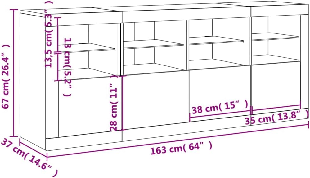 Buffet avec lumières LED gris béton 163x37x67 cm