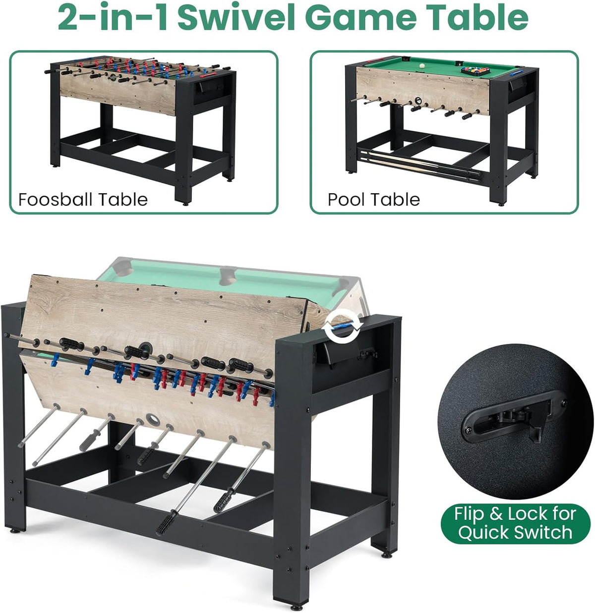 HOMASIS 2 en 1 Table de Jeu Multifonction Pliable avec 2 Boules et Marque-Points, Table de Billard avec 2 Queues et Triangle de Maison, 122 x 60,5 x 81,5 cm