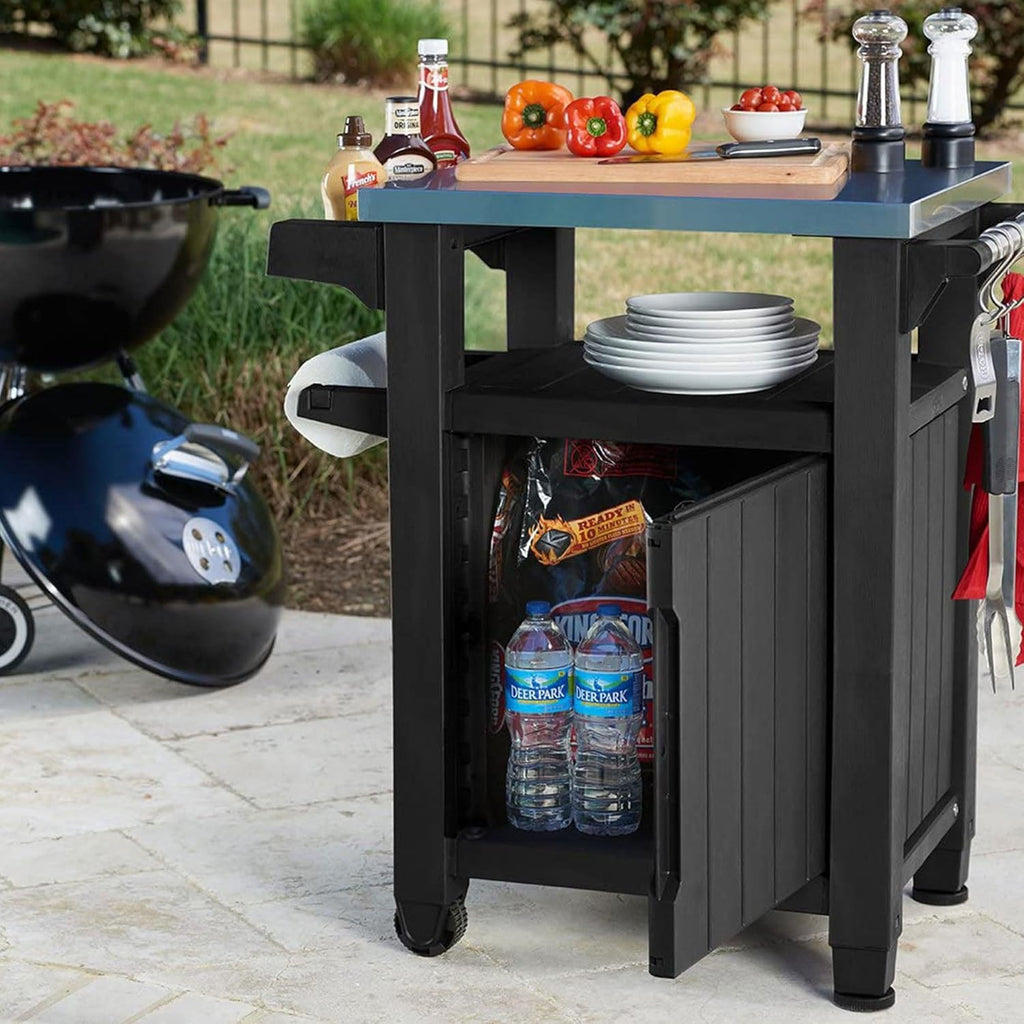 Keter Unity Chariot de table portable résistant aux intempéries avec comptoir en acier inoxydable, crochets de rangement et barres latérales, gris