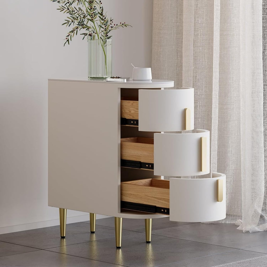 Homary Table de Chevet Étroite en Cuir à 3 Tiroirs, Dessus Pierre Frittée, Petit Meuble de Rangement Élégant pour Chambre Adulte (1, Blanc Cassé)