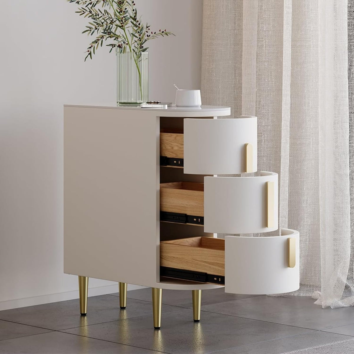 Homary Table de Chevet Étroite en Cuir à 3 Tiroirs, Dessus Pierre Frittée, Petit Meuble de Rangement Élégant pour Chambre Adulte (1, Blanc Cassé)