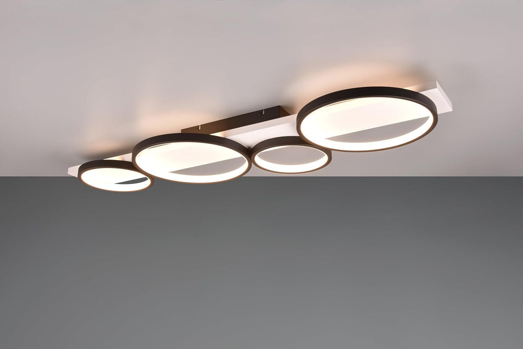 Trio Leuchten Plafonnier LED Medera 643810432, Métal Noir mat, Bois Blanc, avec LED 44 Watt, Interrupteur Dimmer