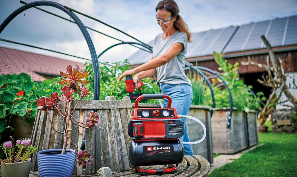 Einhell Compresseur sans fil TE-AC 18/75 Li OF-Solo Power X-Change (18 V, 8 bar max., cuve de 5 l, capacité de pompage de 75 l/min, 2 manomètres, sans lubrification, sans batterie)
