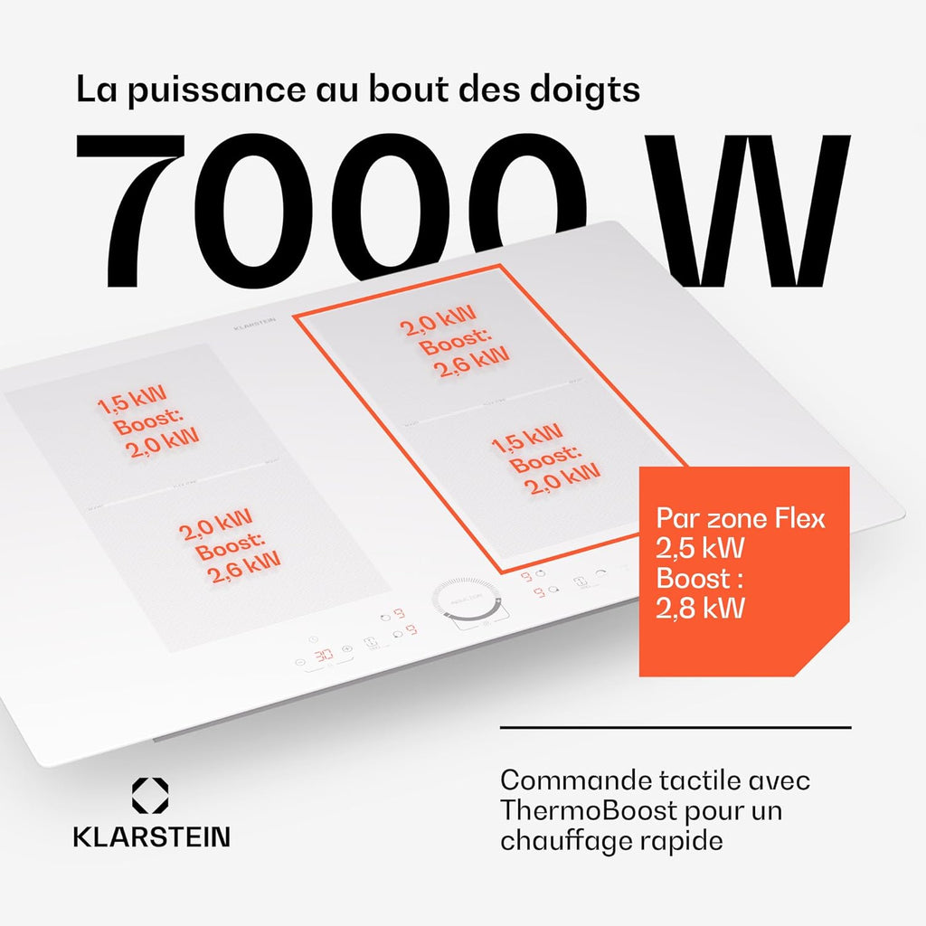 Klarstein Table de Cuisson Induction 4 Feux 7000W, Contrôle par Touches, Affichage Numérique et Minuterie
