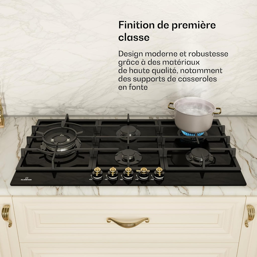 Klarstein Table de Cuisson à Gaz avec 5 Brûleurs – Plaque de Cuisson Encastrable 11100W, Surface en Acier Inoxydable, Compatible GPL
