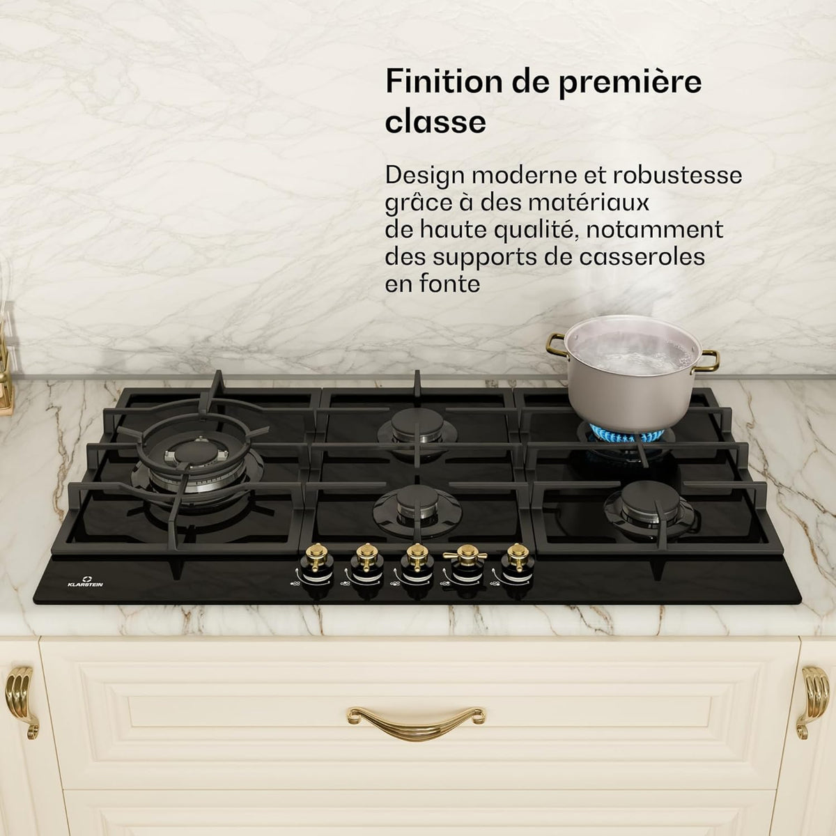Klarstein Table de Cuisson à Gaz avec 5 Brûleurs – Plaque de Cuisson Encastrable 11100W, Surface en Acier Inoxydable, Compatible GPL