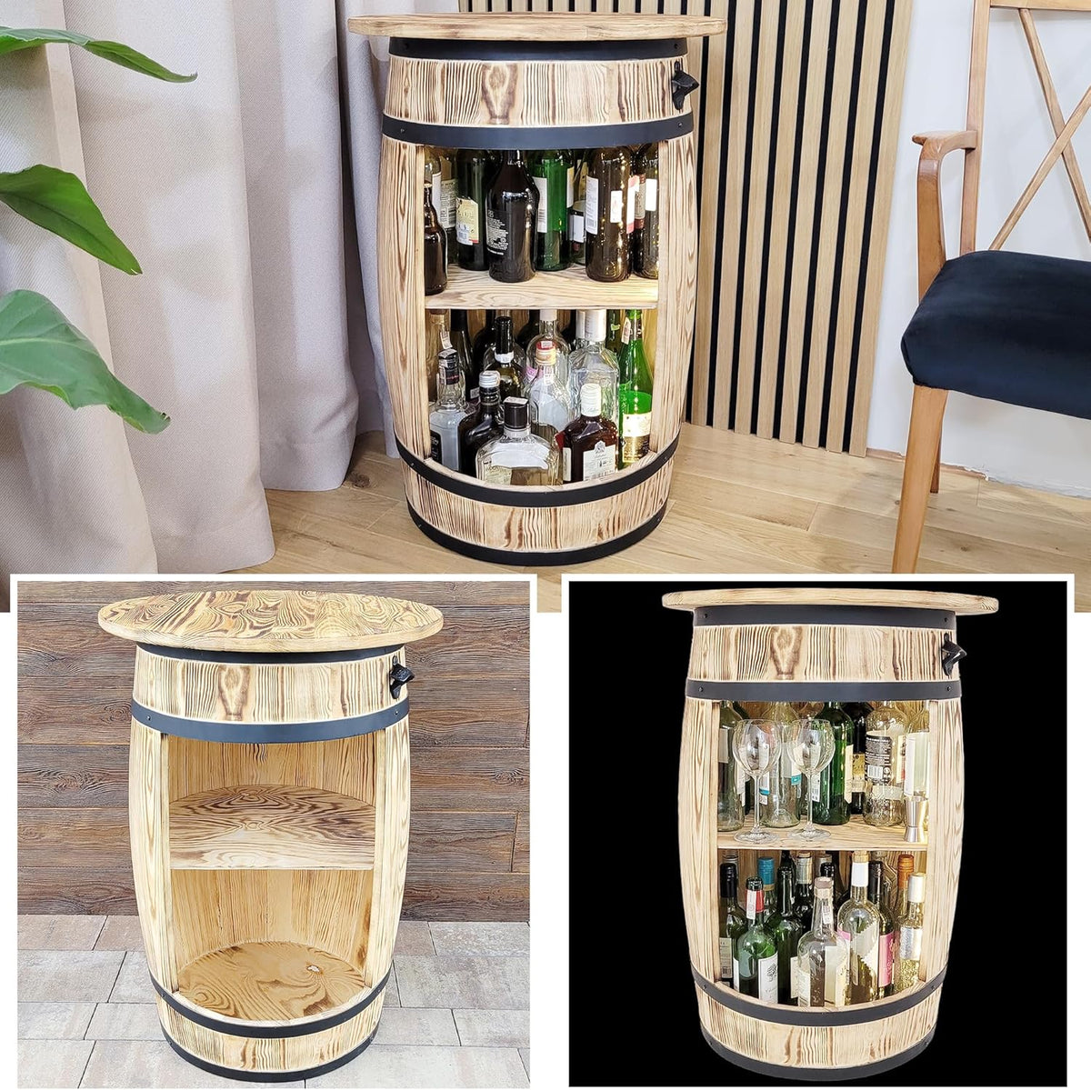 weeco Baril en Bois Massif avec Plateau et éclairage LED - Meuble Bar Rustique pour Bouteilles - Table décorative pour Salon pour Homme et Femme - 80x50 cm