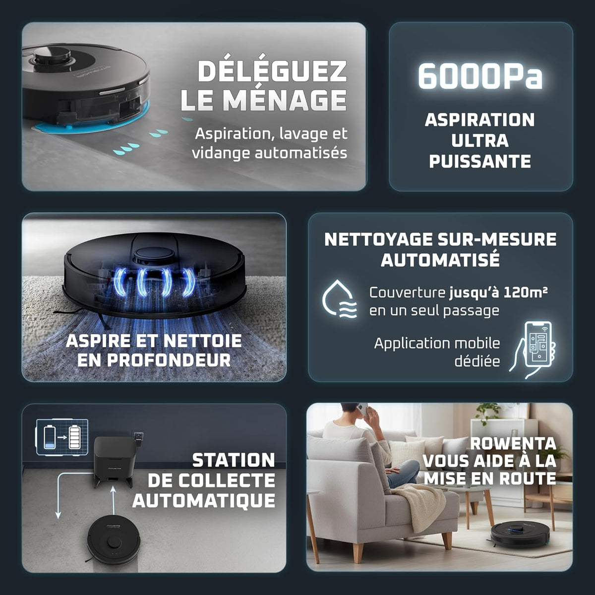 Rowenta X-PLORER Serie85+, Aspirateur robot laveur, 6000Pa, Détection laser 360°, Vidage automatique de la poussière, RR87D5FE, Noir