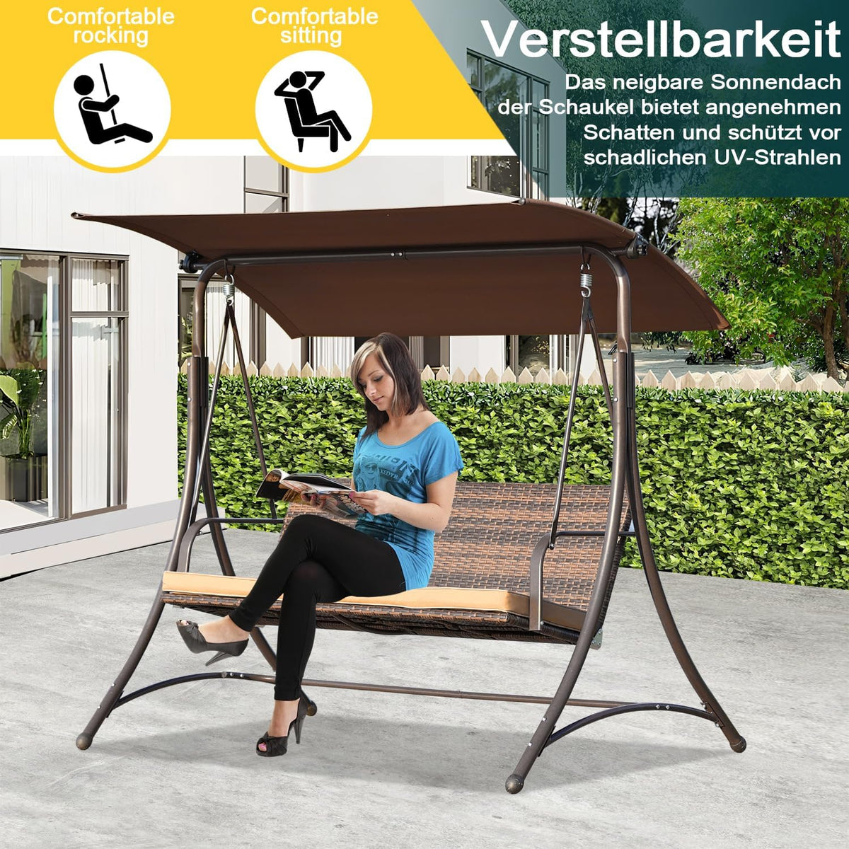 Angel Living Balancelle de Jardin 159T, avec Toit Marron et Chaise en rotin tissé, 170 x 110 x 153 cm 3 Places