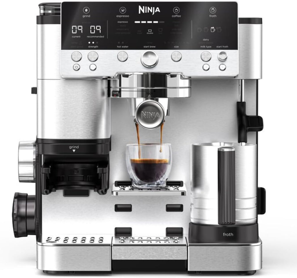 Ninja Machine à café Luxe Premier 3-en-1, Latte, Cappuccino, Infusion à froid et Espresso avec broyeur à grains et mousseur à lait intégrés, facile à utiliser, 4 préréglages mousse, argent, ES601EU