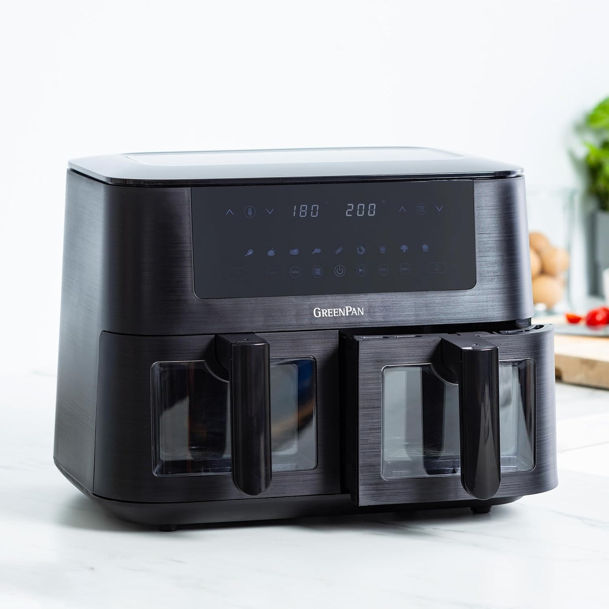 GreenPan Bistro Airfryer XL 11en1,2 Paniers à Friteuse sans Huile (2 x 4L),Intérieur Antiadhésif en Céramique sans PFAS,Chauffage Rapide,Préréglages Multifonctions,Arrêt automatique,Affichage LED,Noir