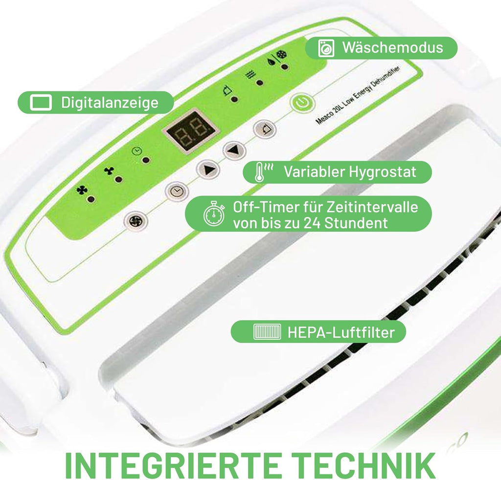 Meaco 20L Déshumidificateur Platinum basse consommation d'énergie, air purificateur avec filtre HEPA,permet d'éviter les problèmes de condensation, moisissure, fonction séchage de linge
