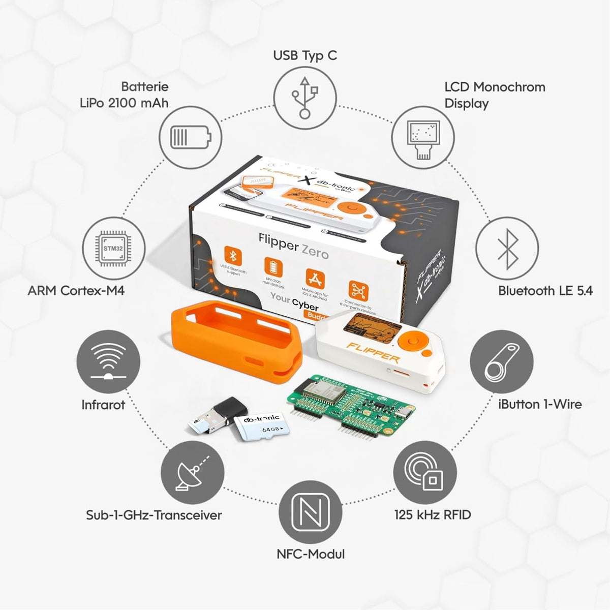 Flipper Zero Starter Kit Complet | Flipper Zero | Carte WiFi | Coque en Silicone | Carte mémoire de 64 Go | Lecteur de Carte USB