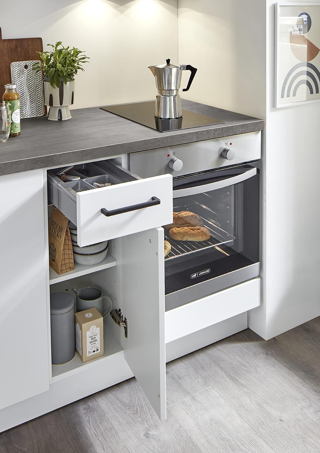 WALLERS cuisine complète 210 cm : Meubles + Plan de travail + Frigo intégré table top + Plaque de cuisson 2 foyers + Mitigeur (Plan de travail couleur béton, évier à gauche)