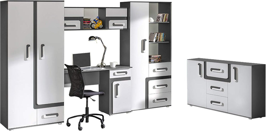 Mirjan24 Apetito XV Ensemble complet pour chambre d'adolescent 5 pièces comprenant une armoire, une étagère, une commode, un bureau, une étagère suspendue (anthracite/blanc)