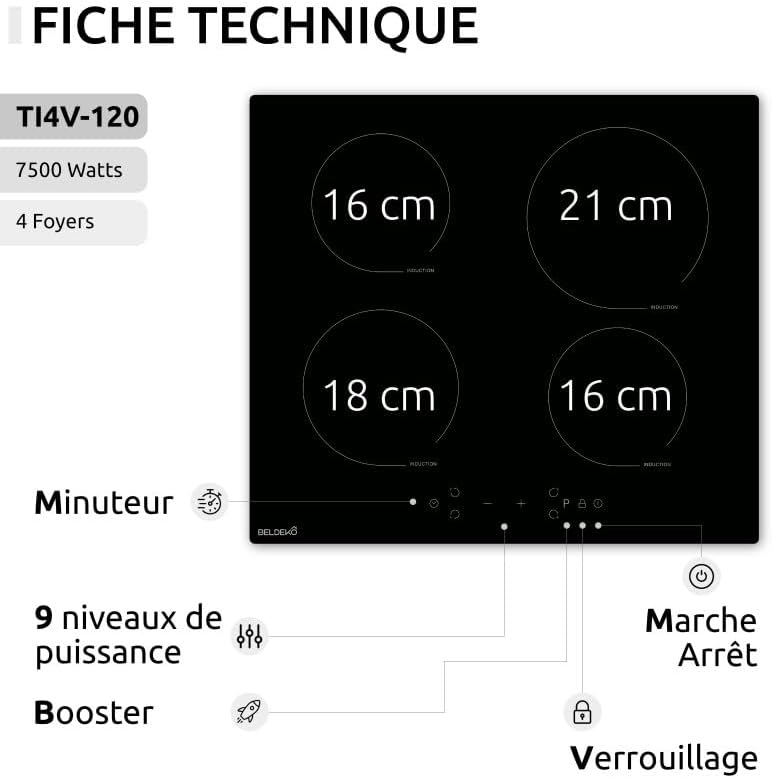 Plaque à induction 4 foyers – 7 900 W – BELDEKO – Encastrable 59 x 52 cm – Verre noir – Minuterie + 4 boosters – Marque française