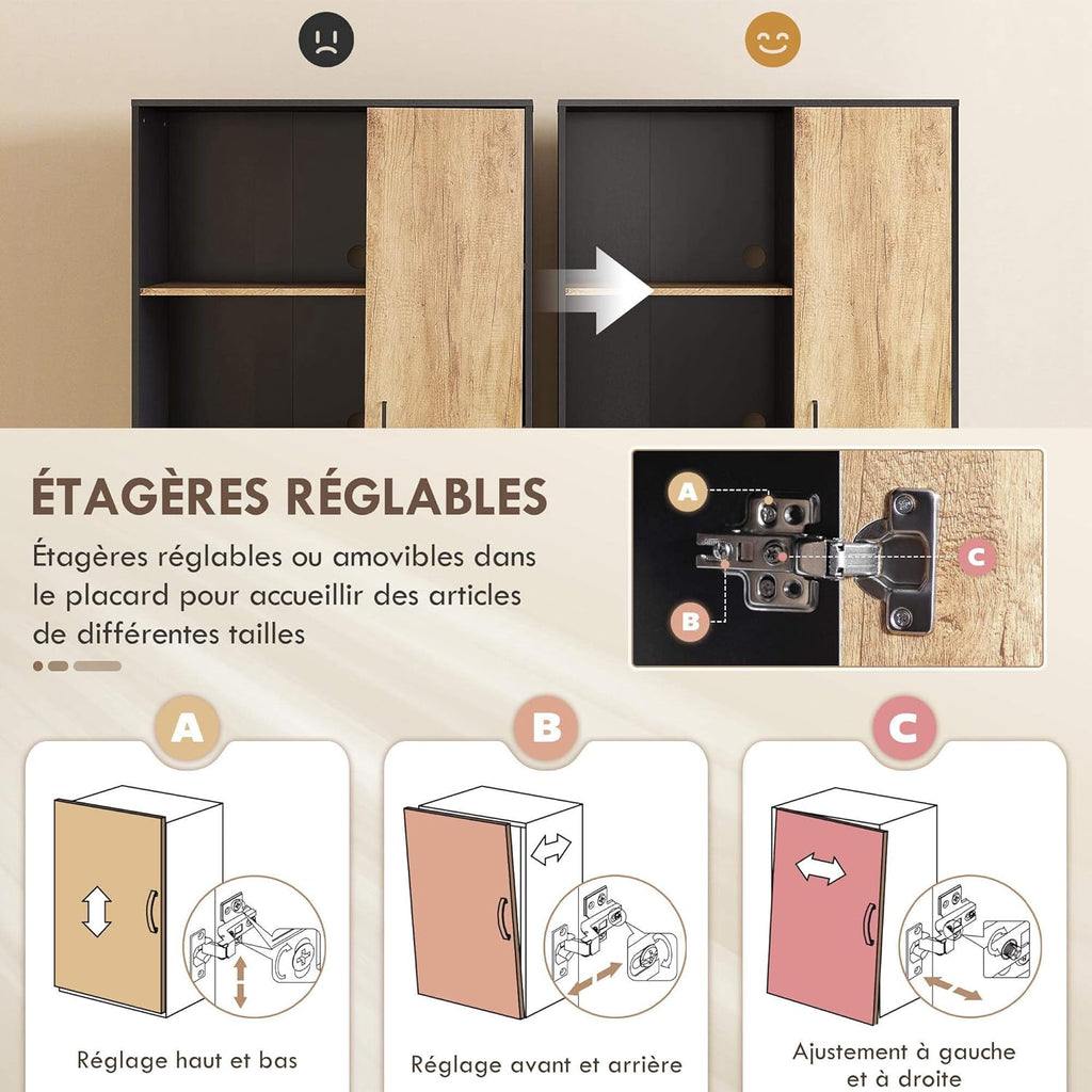 HOMCOM Buffet haut cuisine, armoire de cuisine, vaisselier, 2 tiroirs, placard à porte, 2 niches ouvertes, étagères réglables, meuble de rangement moderne, pieds en acier, 88x35x160cm, noir et naturel